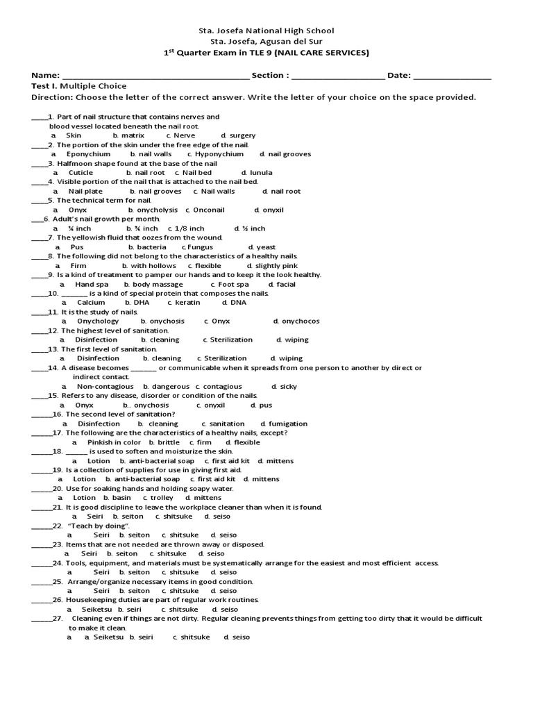 1 Quarter Exam in TLE 9 (NAIL CARE SERVICES) Name Section Date