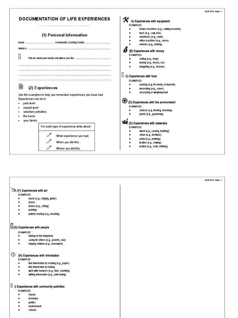 ALS RPL Form 1: Life Experience Guide | PDF