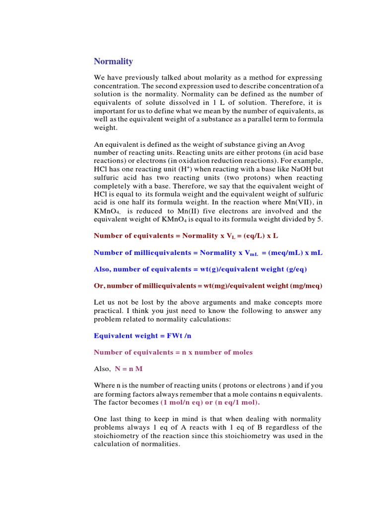 Understanding Normality in Chemistry | PDF | Mole (Unit) | Molar ...