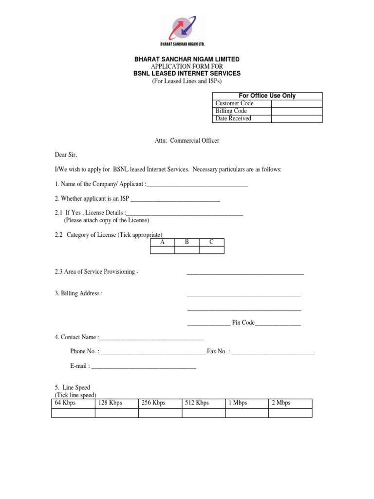 BSNL Leased Internet Services Application | PDF | Internet Service ...
