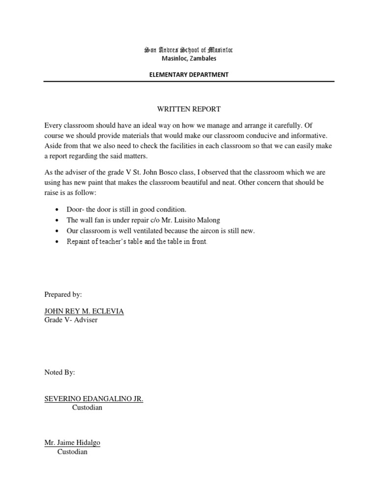 Classroom Condition Report | PDF