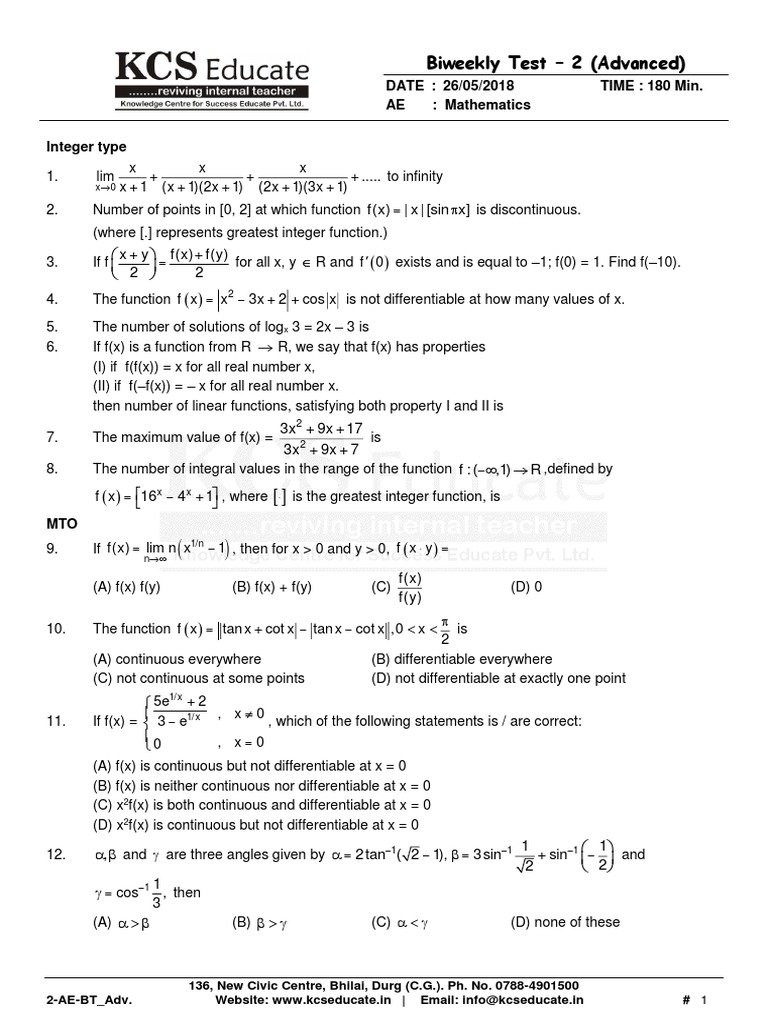 Analysis of Functions and Limits on an Advanced Mathematics Test | PDF ...
