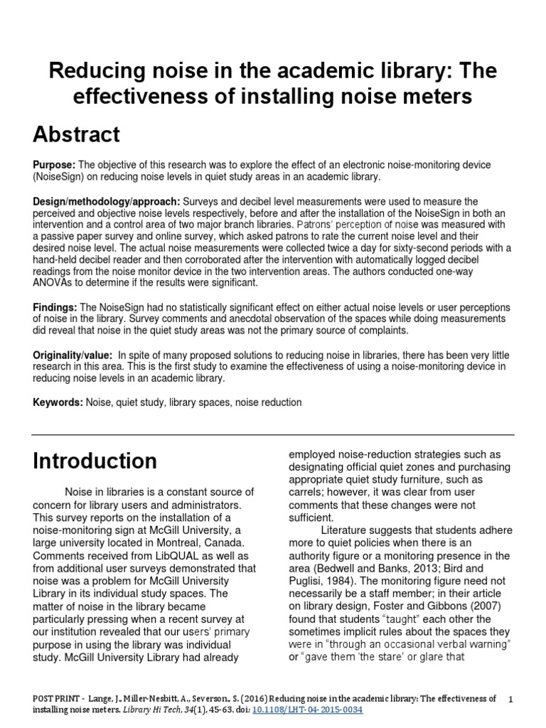 Reducing Noise in The Academic Library The Effectiveness of Installing