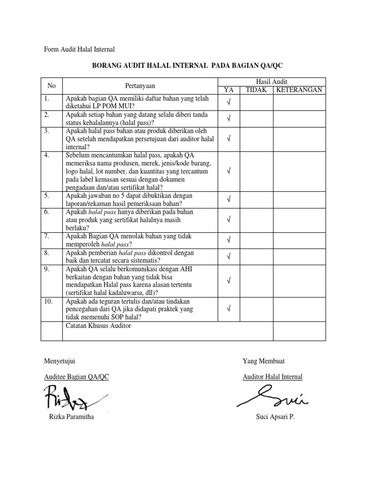 Audit Halal Internal: Prosedur dan Checklist | PDF