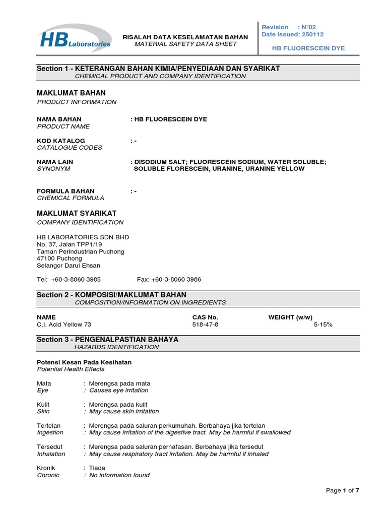MSDS Fluorescein Dye PDF Personal Protective Equipment Toxicity