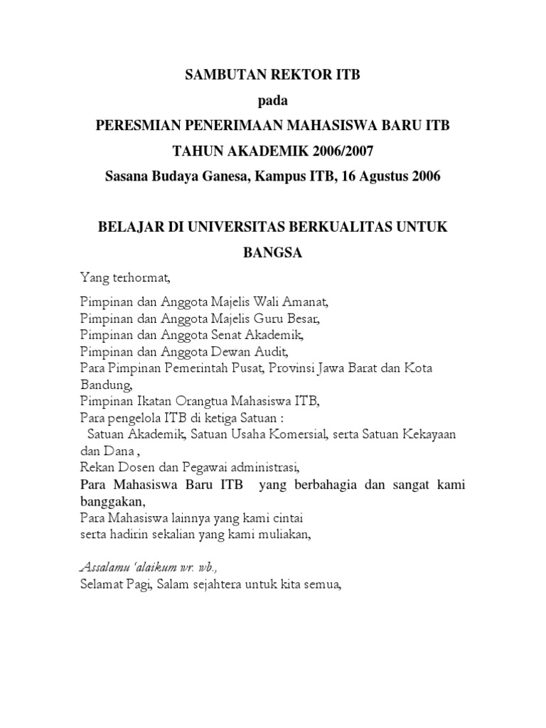 Sambutan Rektor Dalam Acara PPMB 2006 PDF | PDF