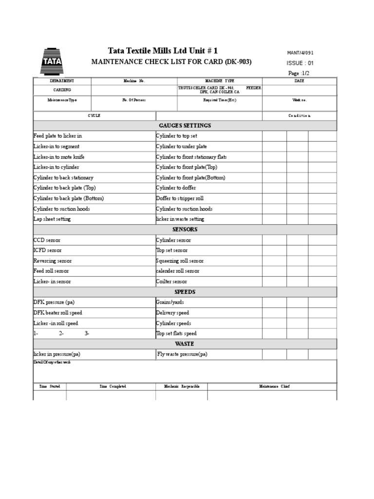 Textile Machine Maintenance Checklist | PDF | Bearing (Mechanical ...