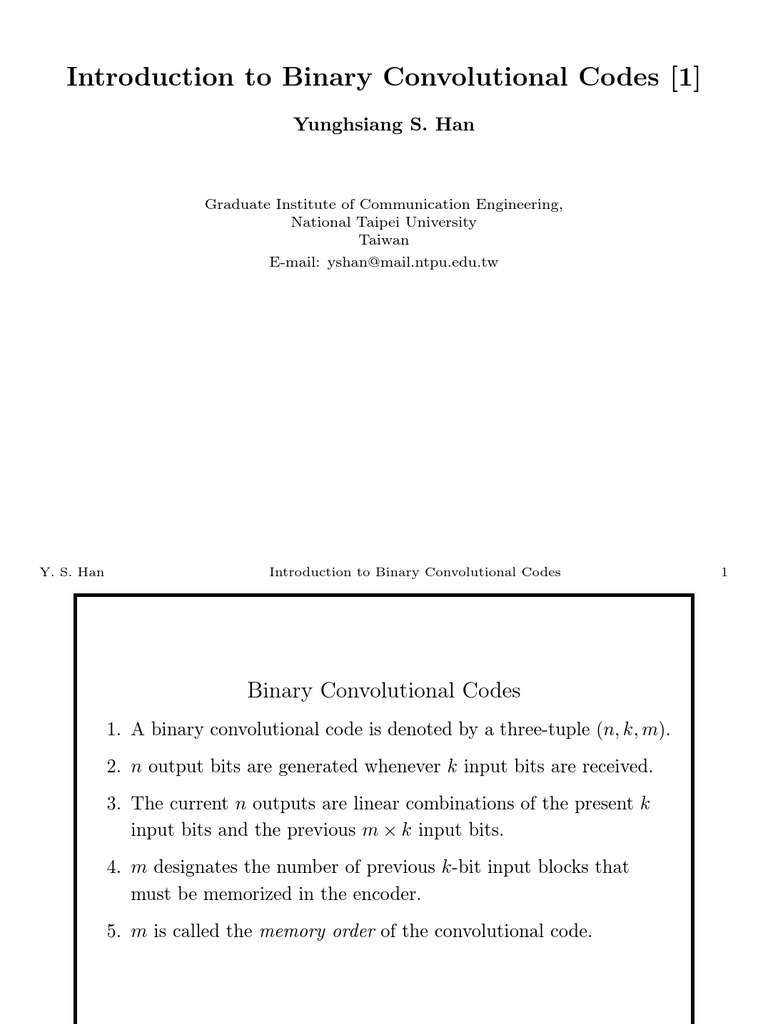 Introduction To Binary Convolutional Codes (1) : Yunghsiang S. Han | PDF