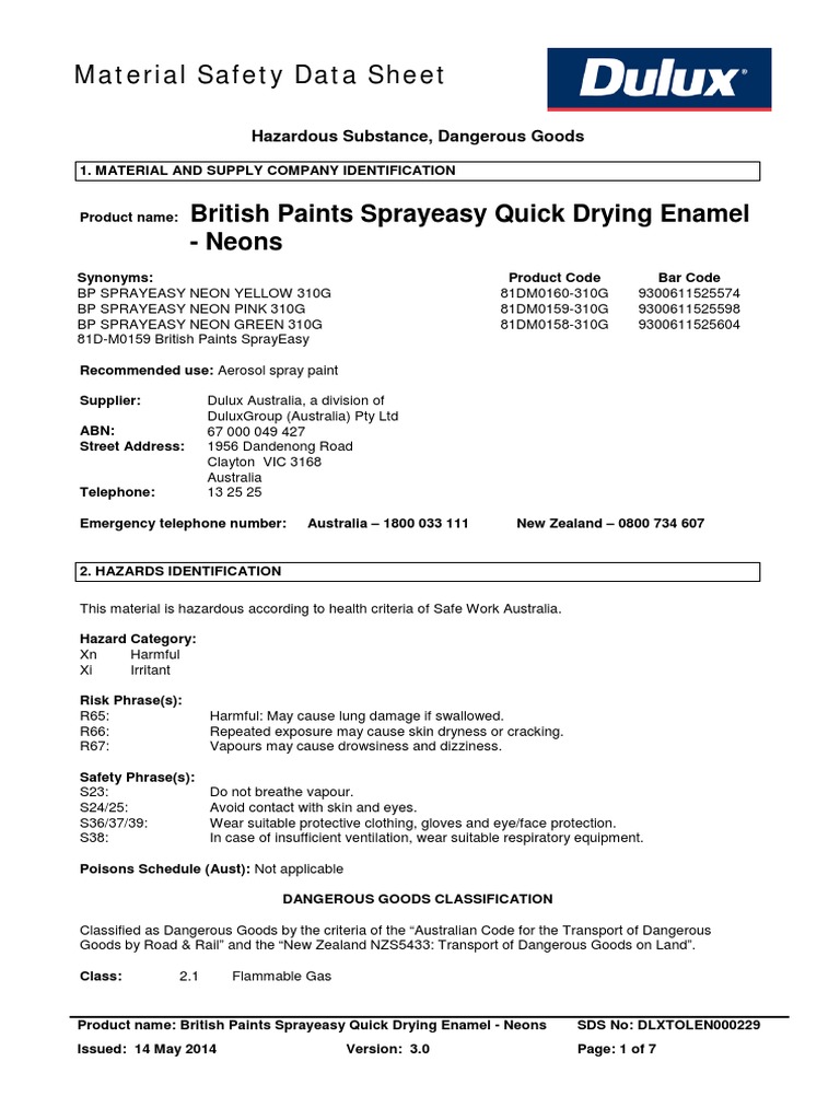 British Paints Sprayeasy Quick Drying Enamel NeonsAUS SDS PDF PDF