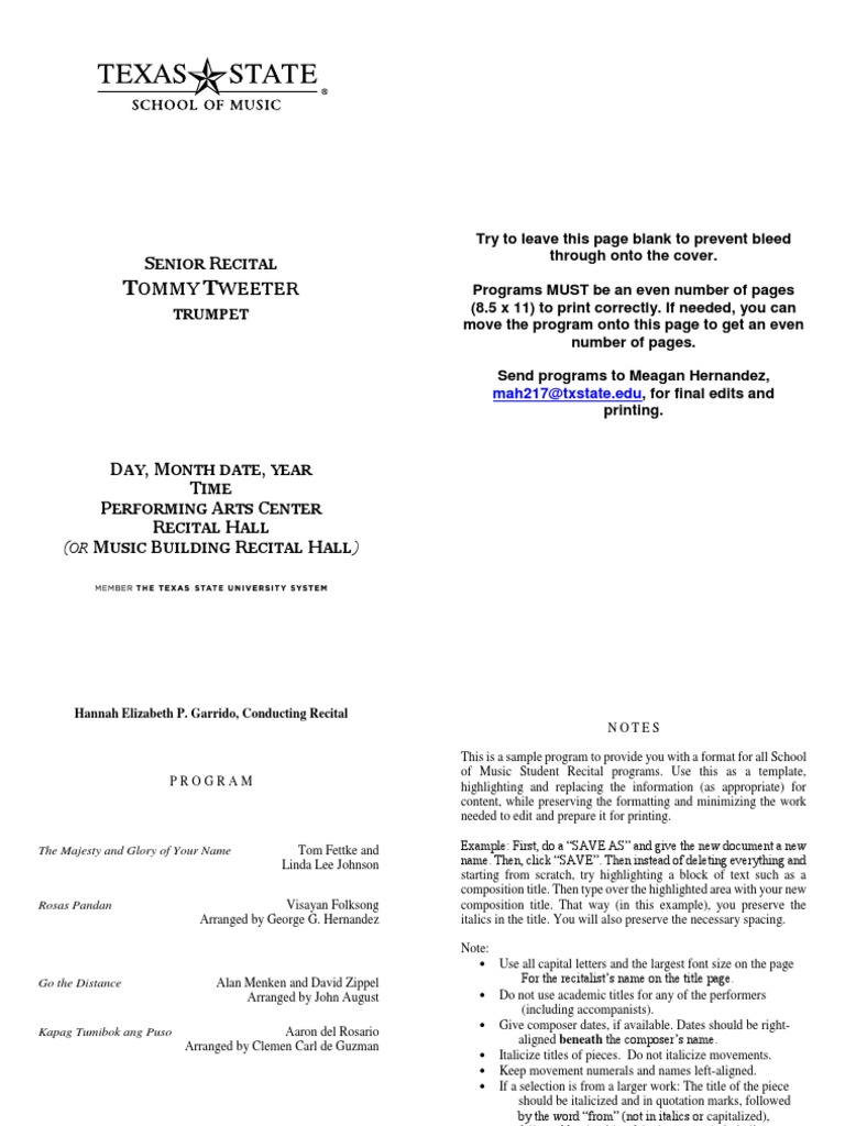 Student Recital Program Template Pdf Graphic Design Printing