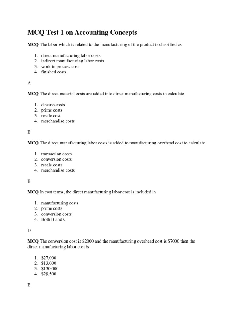 MCQ Test 1 On Accounting Concepts PDF Cost Inventory