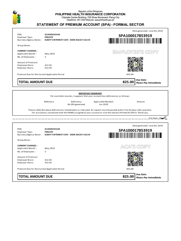 Total Amount Due 825.00: Statement of Premium Account (Spa) - Formal ...
