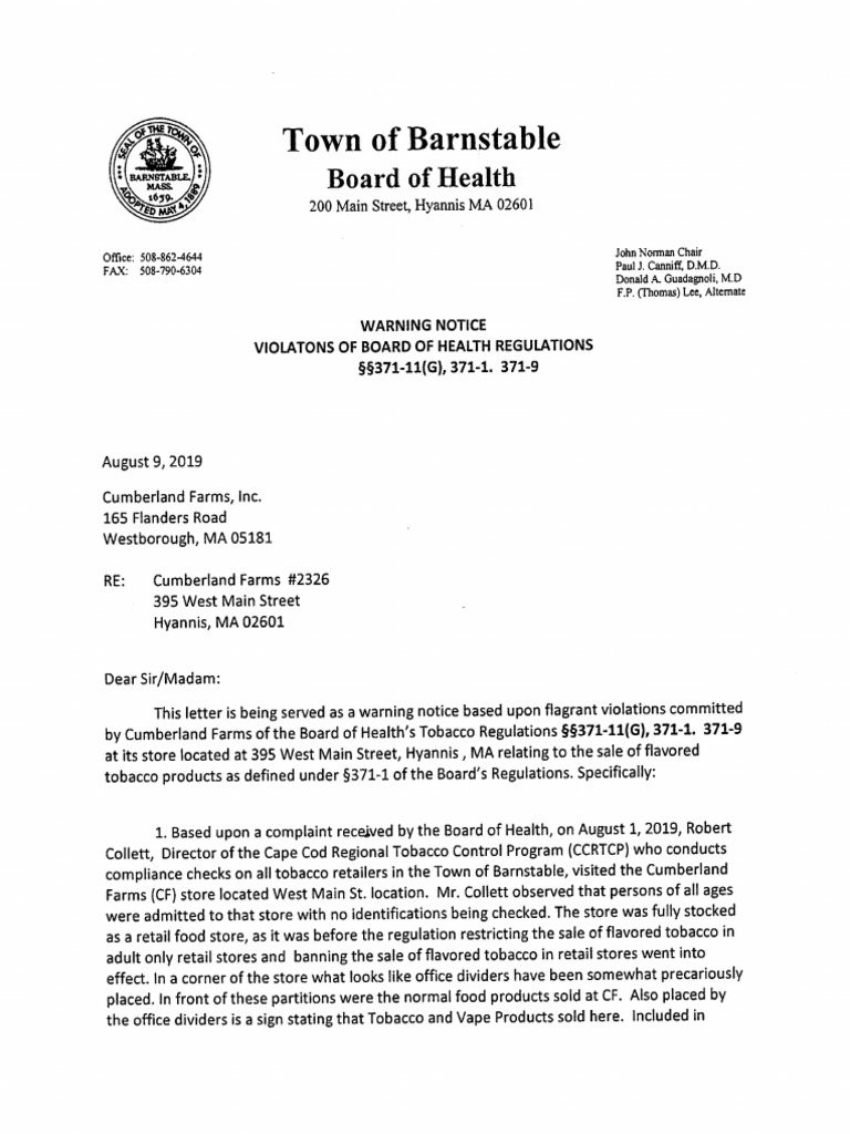 Barnstable Officials Send Letter To Cumberland Farms PDF