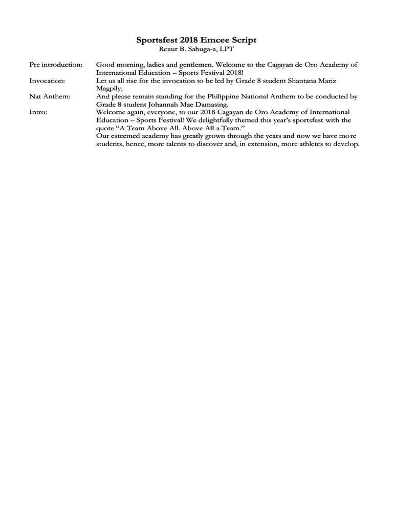 Sportsfest 2018 Emcee Script Guide | PDF