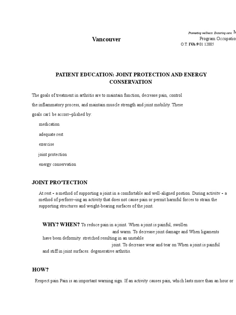 Vancouver Patient Education Joint Protection and Energy Conservation