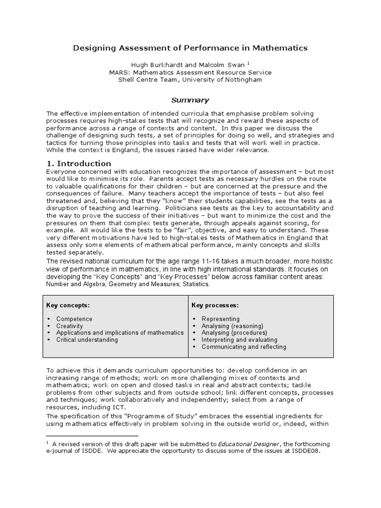 Designing Assessment of Performance in Mathematics: Key Concepts: Key ...