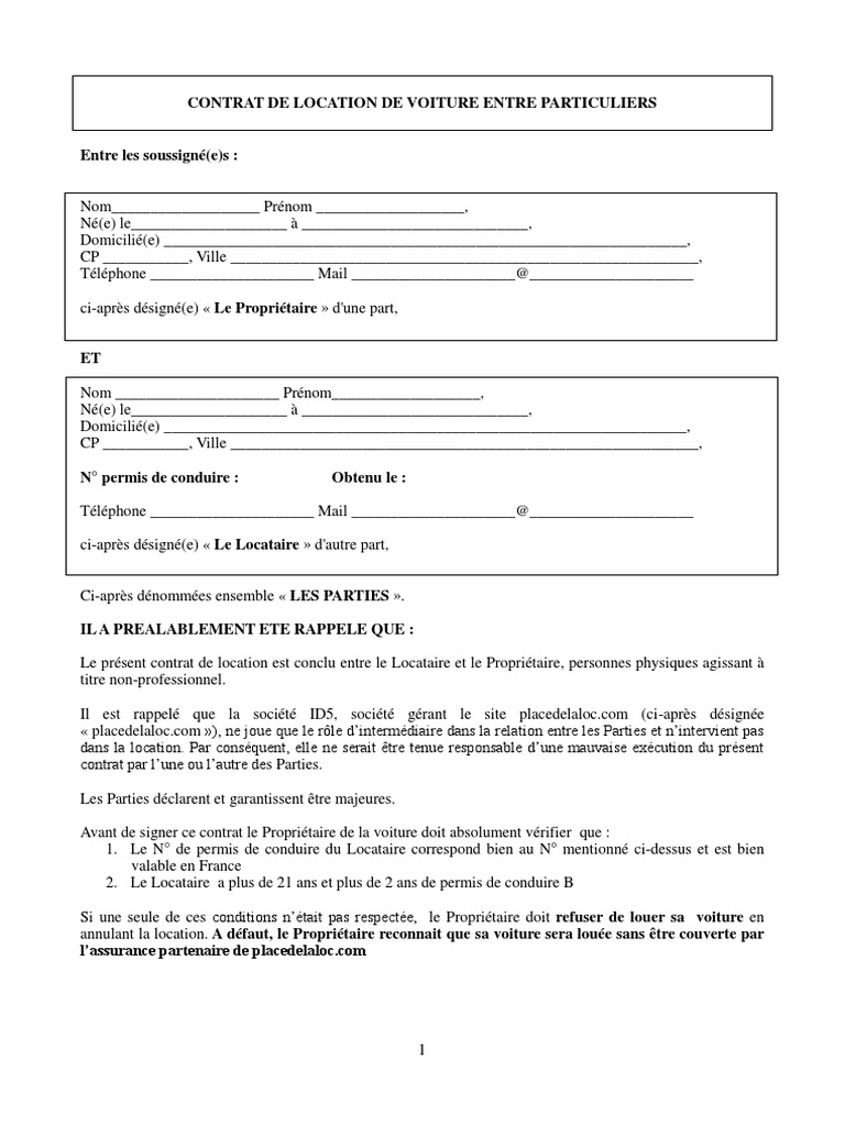 Imprimer Contrat De Location Voiture Vierge Pdf Contrat de Location de Voiture Entre Particuliers PDF | PDF | Assurance |  Permis de conduire