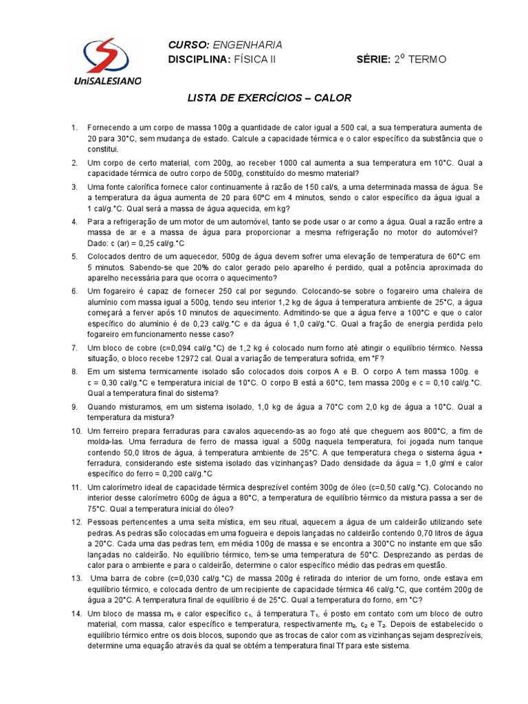 Exercícios de Calorimetria e Capacidade Térmica | PDF | Capacidade ...