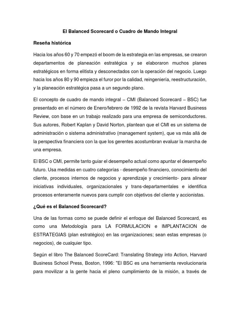 El Balanced Scorecard o Cuadro de Mando Integral | PDF | Planificación ...