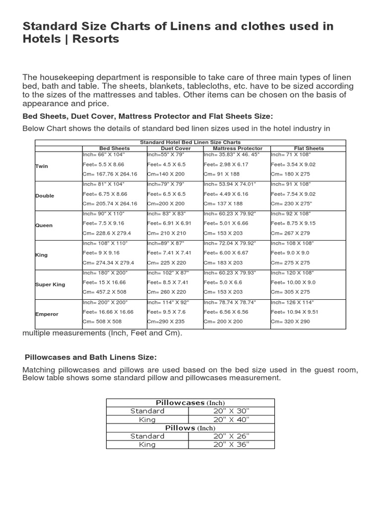 Standard Size Charts Of Linens And Clothes Used In Hotels Docx