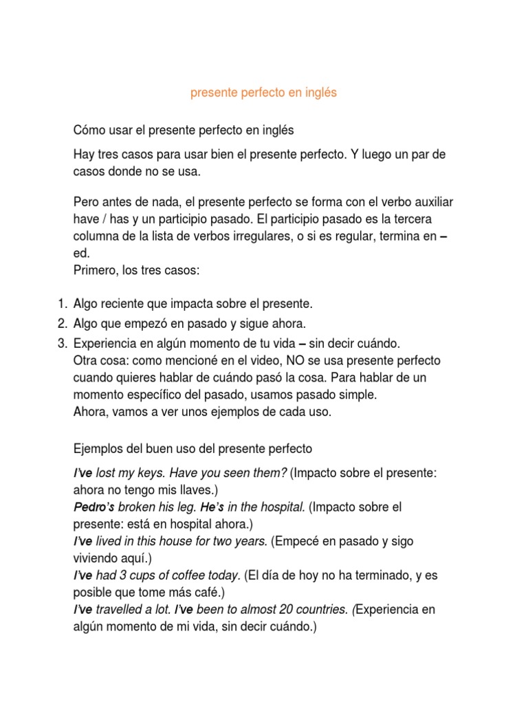 Usos y ejemplos del presente perfecto | PDF | Gramática | Sintaxis