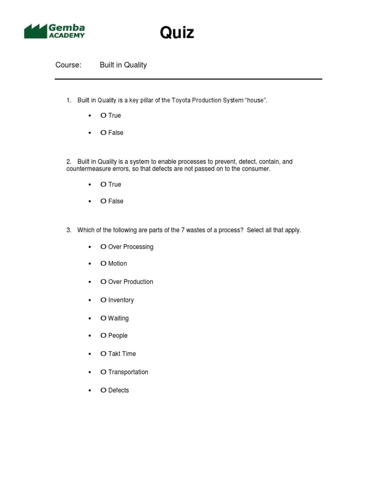 Built-in Quality Quiz Questions | PDF | Business | Computers