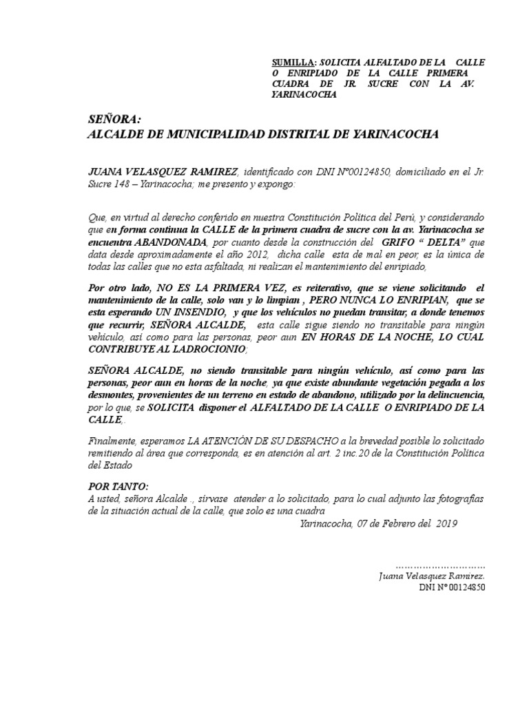 Solicitud De Arreglo De Calle A La Municipalidad De Yarinacocha