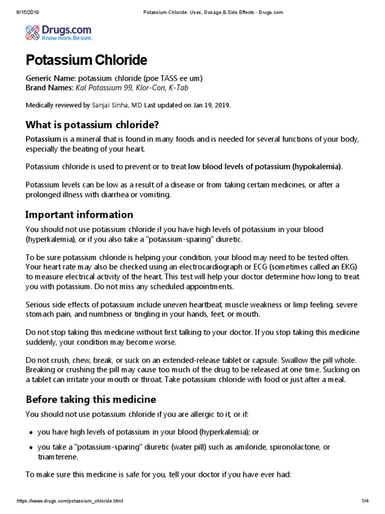 Potassium Chloride Uses, Dosage & Side Effects PDF Dose