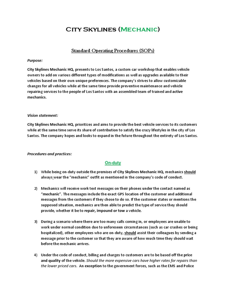 City Skylines Mechanic SOP Guide | PDF | Confidentiality | Social ...