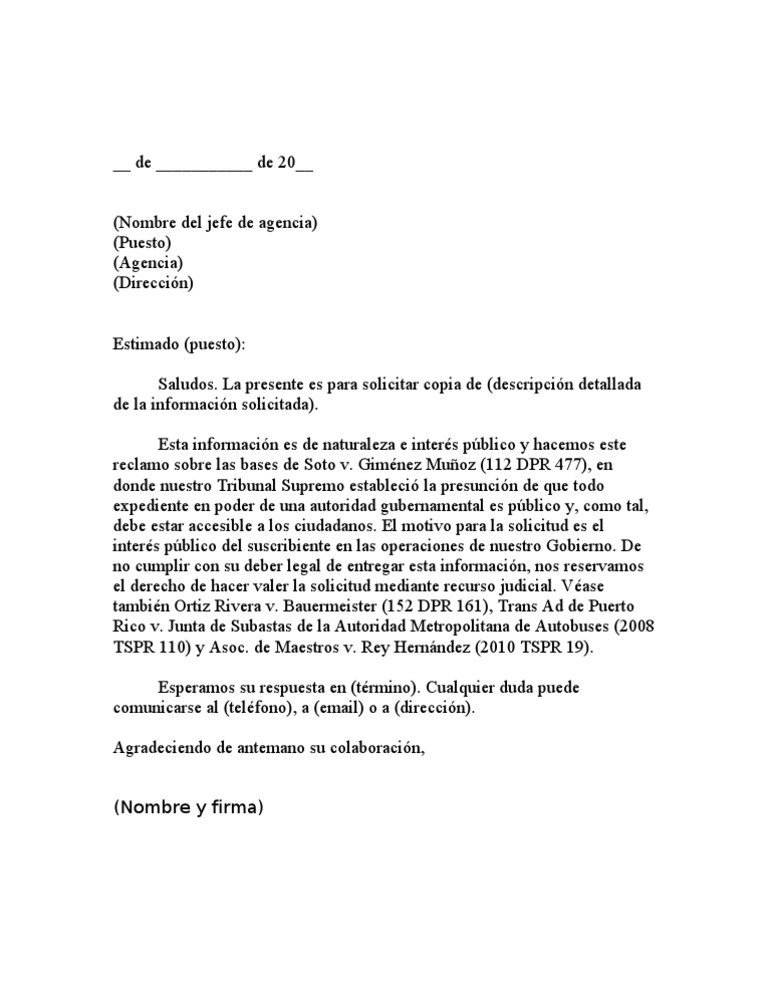 Carta modelo de solicitud de información