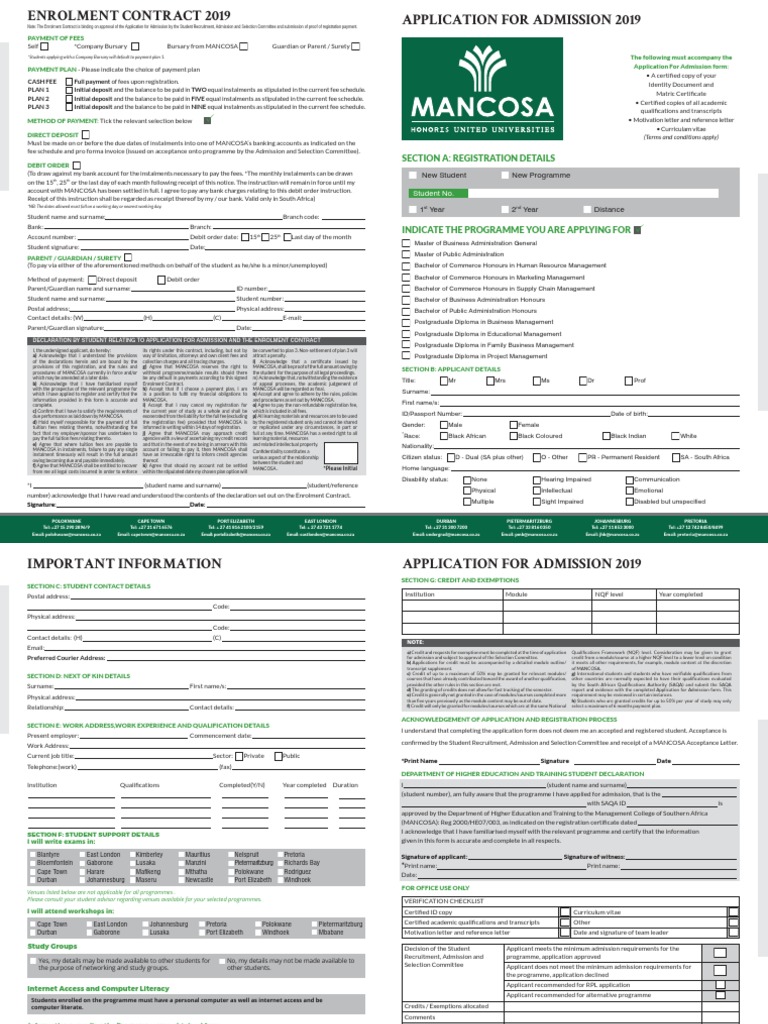 Mancosa Application For Admission 2019 PDF University And College