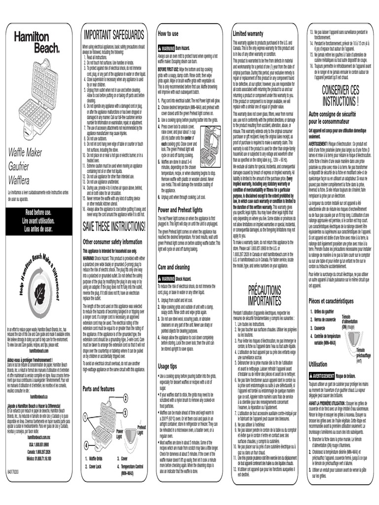 Hamilton Beach 26009 Users Manual 683007 PDF Waffle Ac Power
