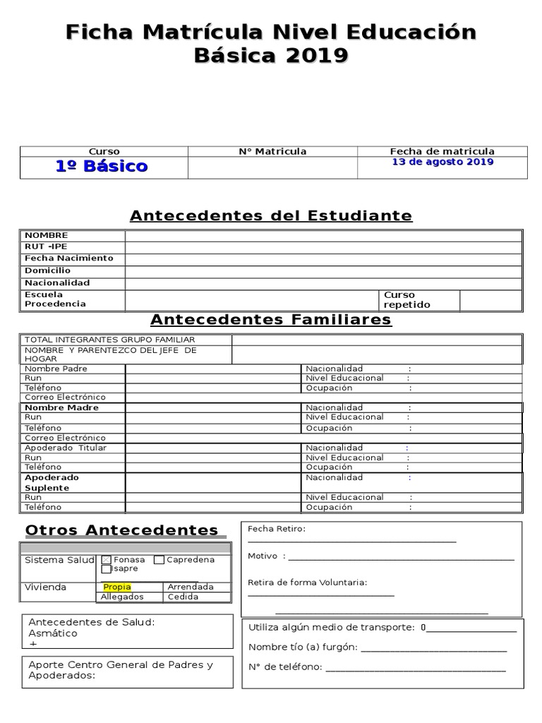 Ficha de matricula 2020 Evaluación Modificación de