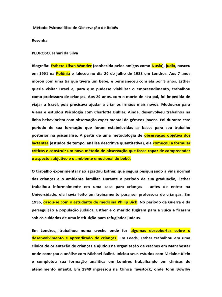 1 Biografia Esther Bick PDF Psicanálise Método científico