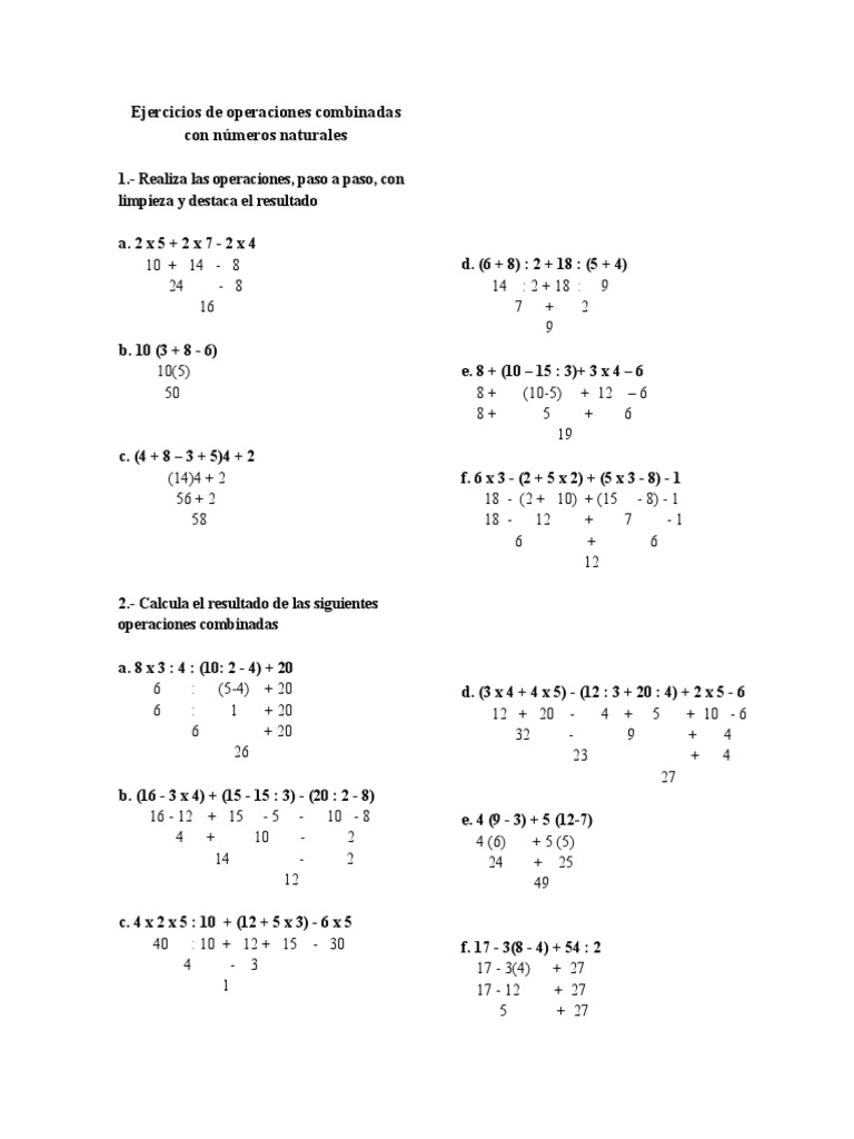 Ejercicios de Operaciones Combinadas Con Numeros Naturales Primaria PDF ...