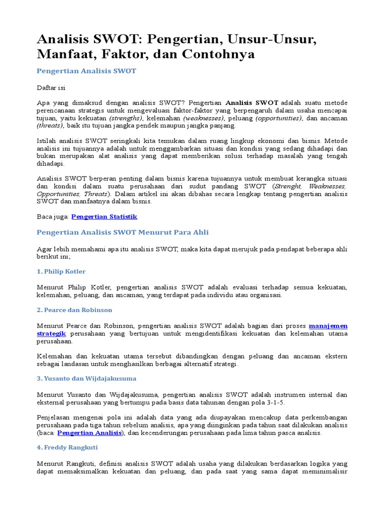Analisis Swot Pengertian Unsur Unsur