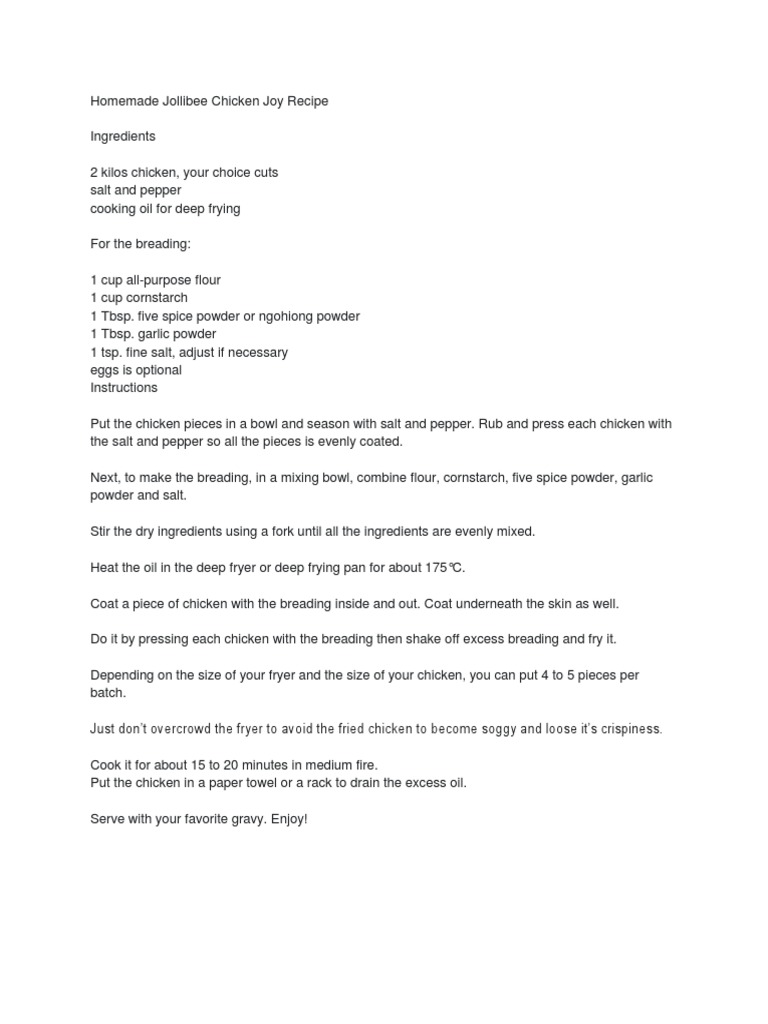 Homemade Jollibee Chicken Joy Recipe PDF