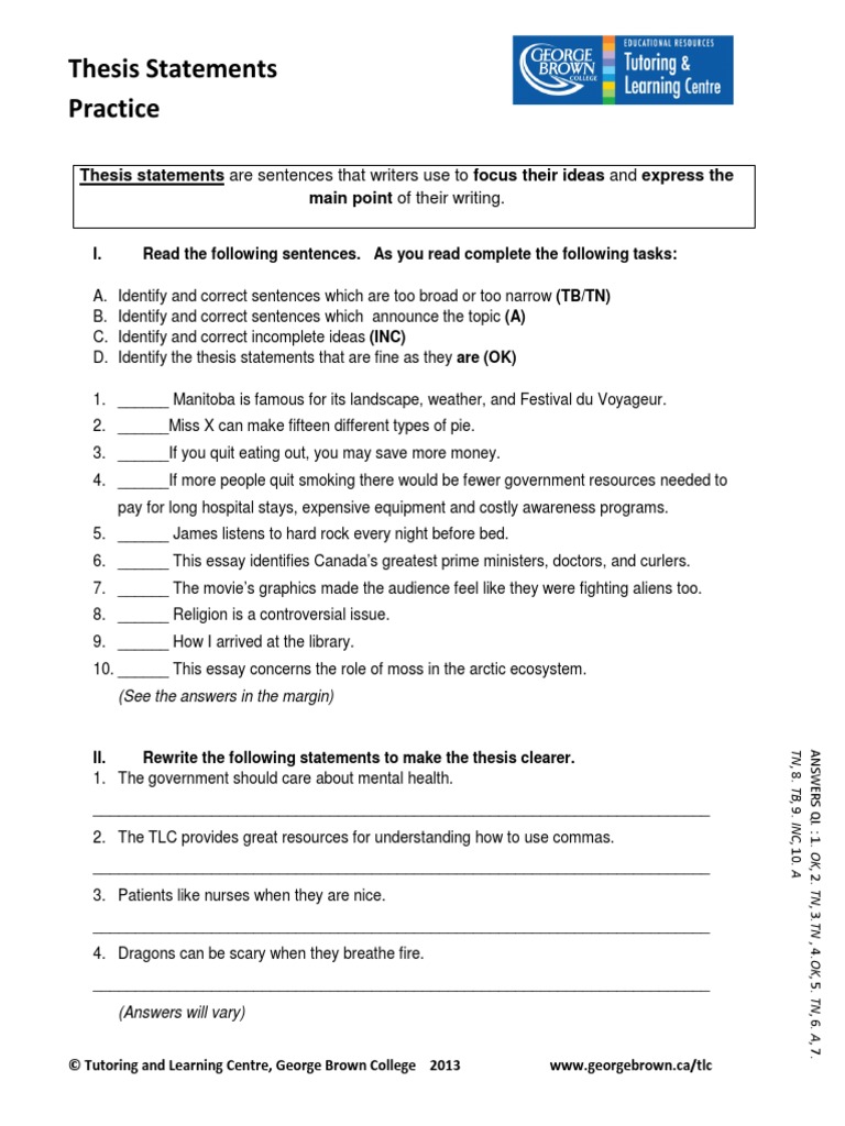 Thesis Statements-Practice PDF  PDF  Essays  Employment For Thesis Statement Practice Worksheet
