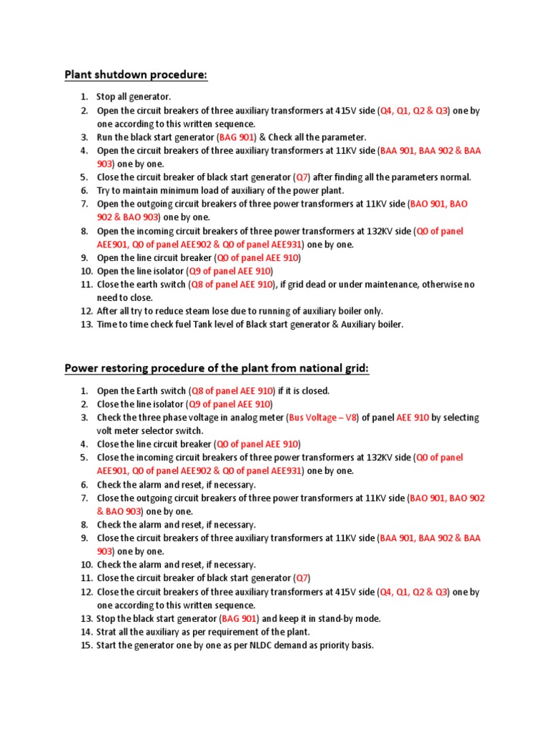 Plant Shutdown Procedure | Electrical Equipment | Power (Physics)