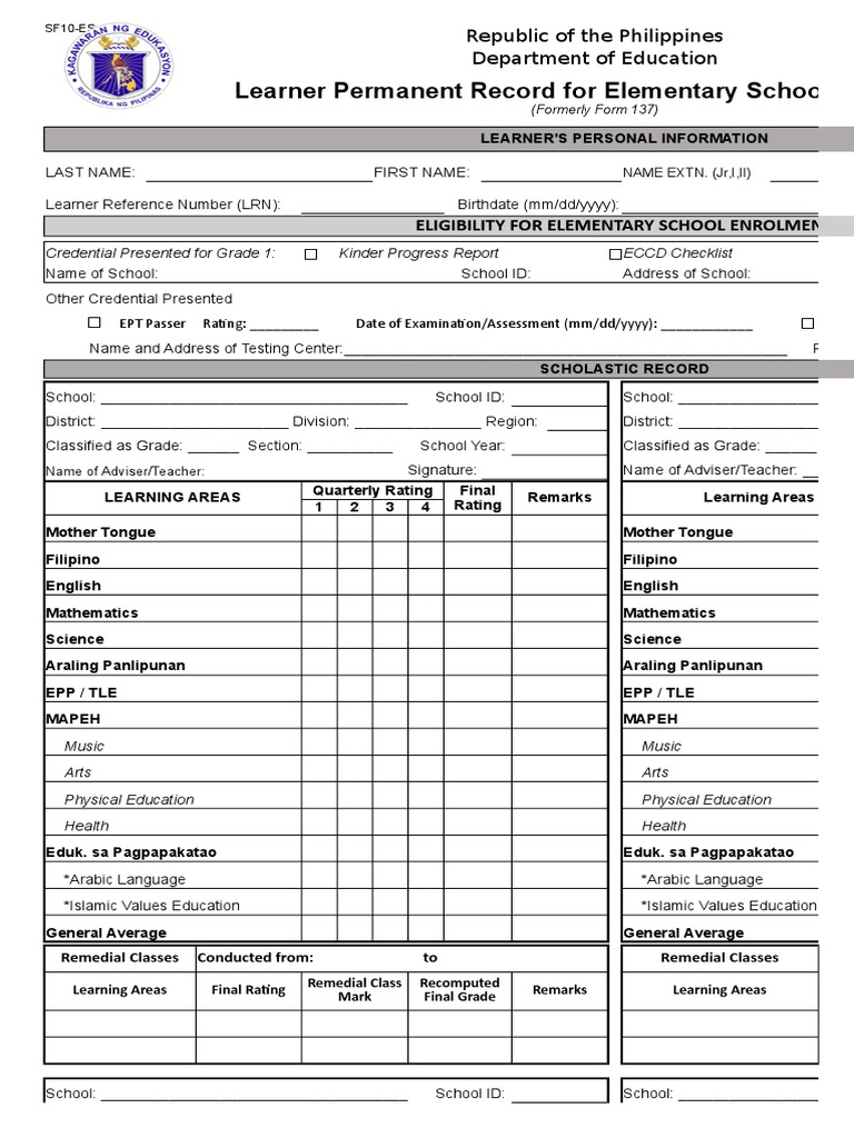 School Form 10 Sf10 Learners Permanent Academic Record For Elementary