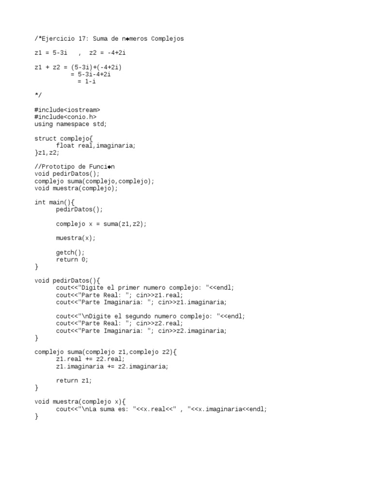 Suma de Números Complejos en C++ | PDF | C ++ | Programación orientada ...