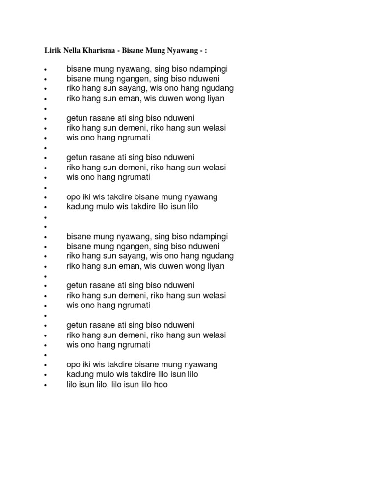 Lirik Nella Kharisma Bisane Mung Nyawang