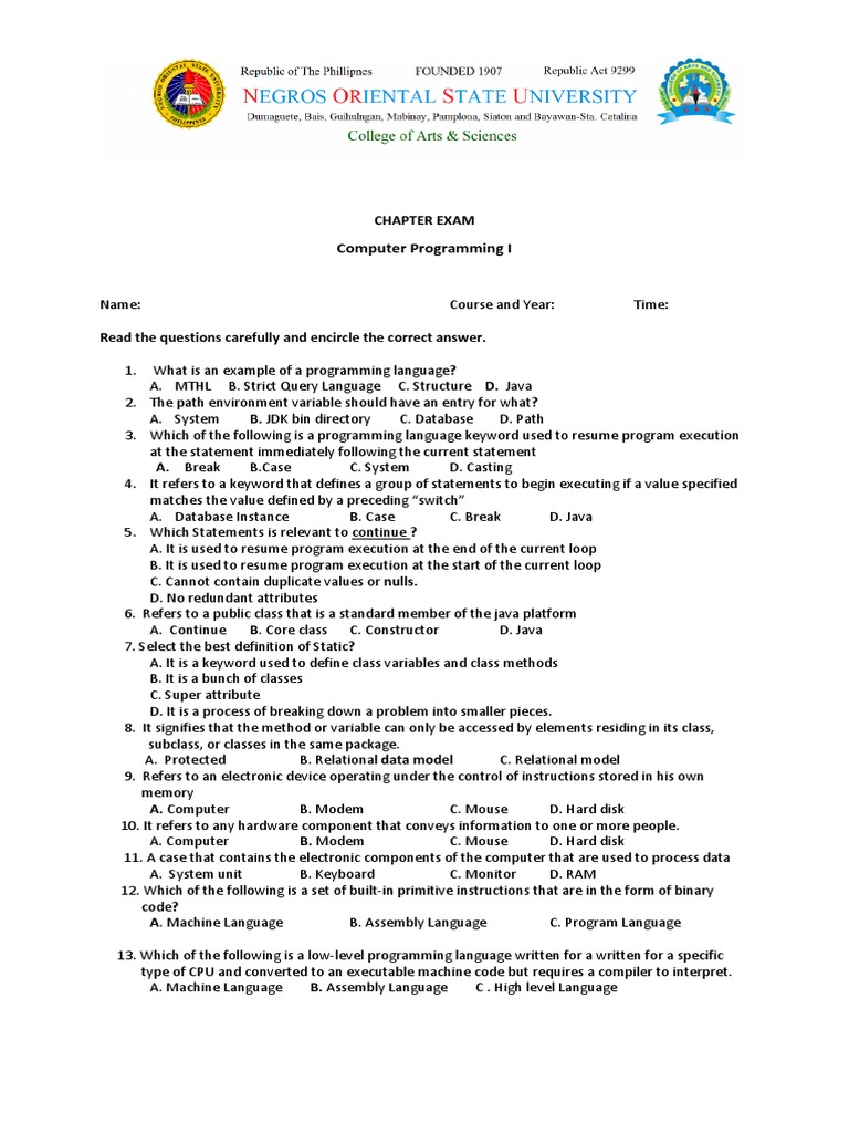 Software Engineering Chapter Exam | PDF | Programming Language