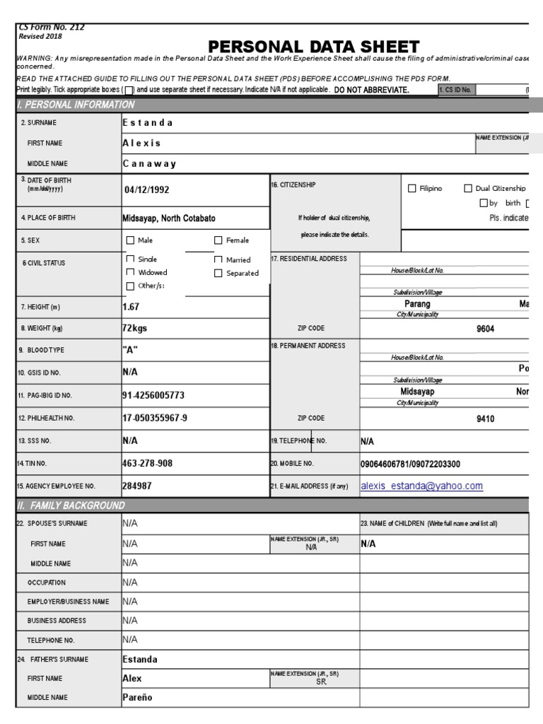 Personal Data Sheet Cs Form No. 212 Revised 2018 | Download Free PDF ...