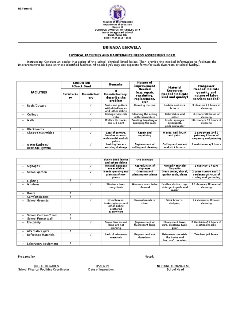 Be Form 1 Physical Facilities and Maintenance Needs Assessment Form