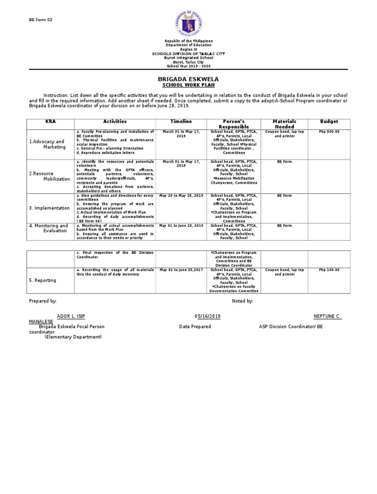 Brigada Eskwela 2024 Work Plan | PDF | Business