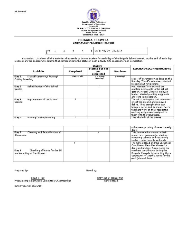 Be Form 6 - Daily Accomplishment Report | PDF | Pruning | Botany