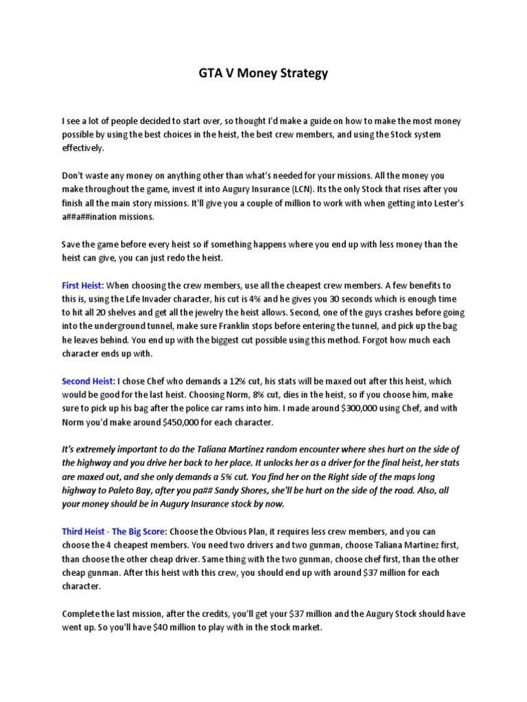 GTA V Money Strategy and Taliana Guide | PDF | Business