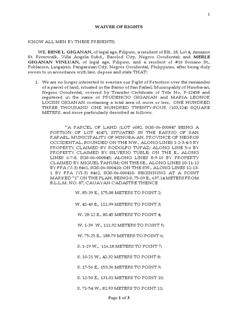 Waiver of Right of Retention in Land | PDF | Document | Virtue