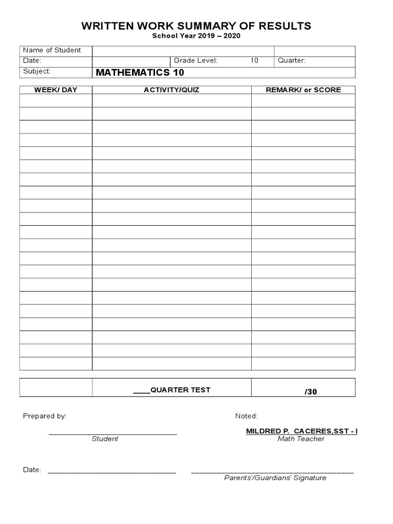 Math 10 Quarter Test Summary 2019-2020 | PDF